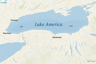 Map of Lake America, renamed from Ontario by U.S. President Donald Trump.